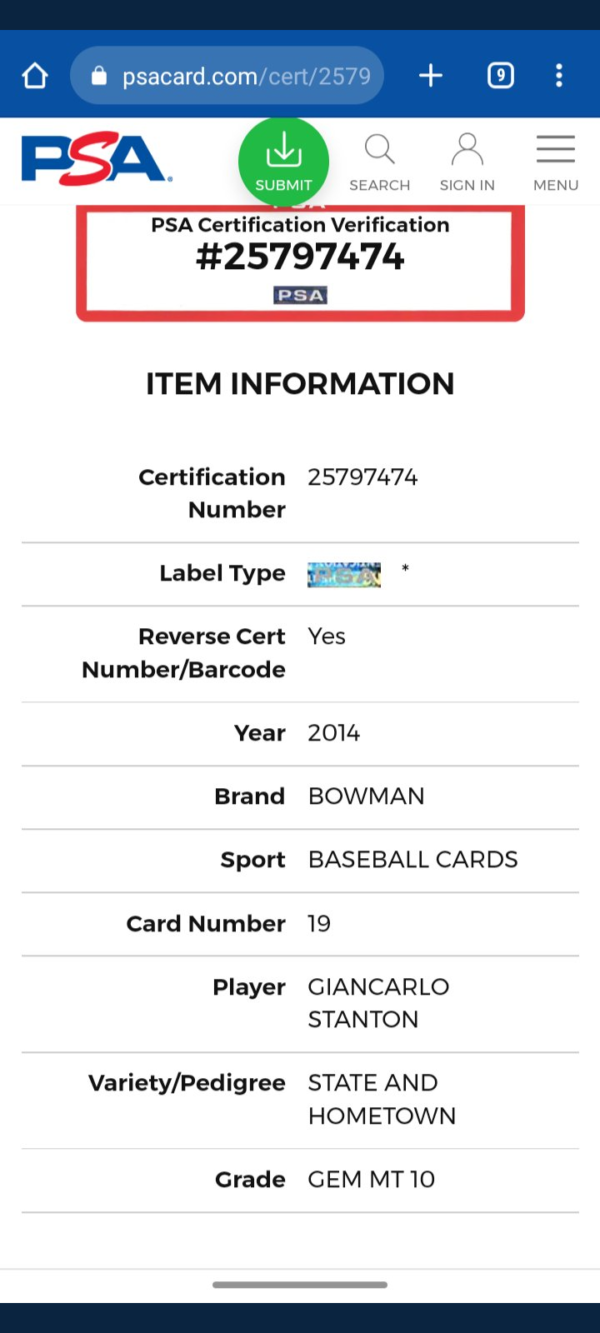 2014 Bowman Giancarlo Stanton PSA pop report